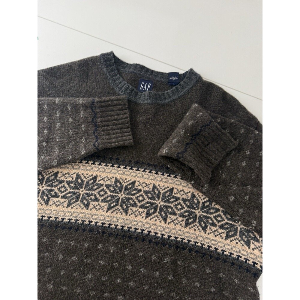 GAP Sweater Mens L Brown Fair Isle Lambswool Blend Crewneck Pullover Snowflake